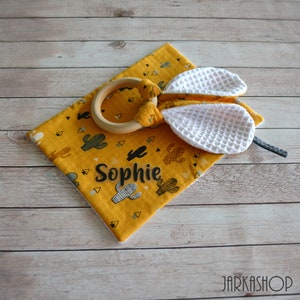2series baby set washrages and gripper with name, waffle lpique - cotton &quot;cactus mustard black and white&quot;, washcloth, biting ring, bunny ears