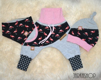 Size 44-122; 3 tlg. Baby set "Flamingo" pink black, Children's Set, Neckerchief, Knot hat, pants, Pumphosis, Sweathose, Wax Pants, Baggy Pants