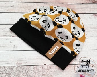 Size 44-46, 50-52 KU Baby/child beanie with name, sweat hat, hat with cuffs, winter hat "Panda Bear" grey/black/mustard