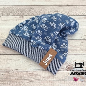 Light beanie short/long/extra long,&quot;Muslin rainbow jeans blue&quot; cap with name,personalization,cap,baby,child,baby cap, children&#39;s cap