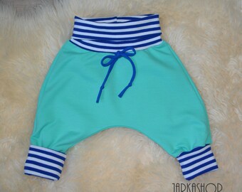 Size 62; Pump pants, mint - stripes blue-white, mitwachshose, baby pants, kids pants, sweatpants, baby pants, harem pants