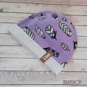 Winter hat for baby and children with name, winter sweat beanie &quot;feather purple-white&quot;, personalization, baby hat, hat, children&#39;s hat