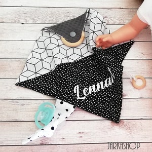 Sniffing cloth with biting ring and knot &quot;black-white-grey&quot; according to wish with name, cuddly cloth, cuddly towel, baby towel, personalized