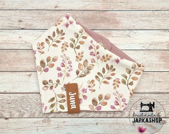 Baby reversible scarf "flowers dusky pink" jersey, sweat, girl, triangle scarf, bib, burp cloth, drool bib, drooling cloth, scarf with name