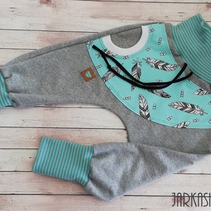 Size 44 - 122 Sweat-Baggy-Pants &quot;Feathers&quot; mint-grey, baby pants, children&#39;s pants, sweatpants, pants with pocket, wax pants, pants, harem pants