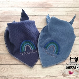 Muslin triangular scarf &quot;rainbow&quot; embroidered with name, Personalized, Scarf, Baby scarf, Muslin scarf, Child, Baby