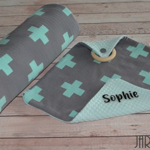 Sniffing cloth with biting ring &quot;Großes Plus Grau-Mint&quot; after wish with name, cuddly cloth, cuddly towel, baby towel, personalized