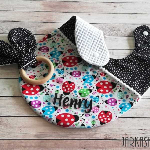 Baby, children bib with name "Marienkäfer-Red-Black" Latz with name , Personalized, After wish with biting ring with bunny ears,Greifring