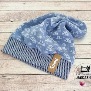 Light beanie short/long/extra long,&quot;Muslin rainbow light blue&quot; cap with name,personalization,cap,baby,child,baby cap, children&#39;s cap