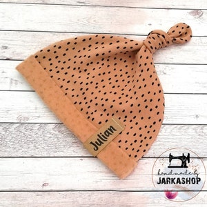 Knotted hat made of organic sweat fabric &quot;dots camel - black&quot; as desired with name or with star label, heart label or anchor, personalization
