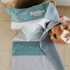 Baby blanket with name &quot;Weiß-Mint&quot;, patchwork blanket, bedspread, cuddly blanket, stroller blanket, changing mat for on the go, waffle pique blanket