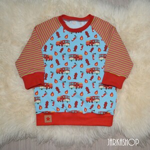 Size 80 T-Shirt &quot;Fire truck&quot;red-blue, long sleeve shirt, long sleeve sweater, raglansweater, raglan shirt, raglan, car, sweater, child, boy
