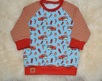 Size 80 T-Shirt "Fire truck"red-blue, long sleeve shirt, long sleeve sweater, raglansweater, raglan shirt, raglan, car, sweater, child, boy