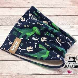 Baby/Children&#39;s Loop Scarf, &quot;Dinosaur dark blue-green&quot; with name, winter tube scarf, loop scarf, children&#39;s scarf, personalization