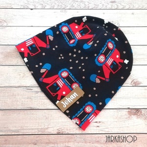 Size 47-49KU Long reversible beanie &quot;Excavator blue-turquoise-red&quot; with name, personalization, baby hat, hat, children&#39;s hat