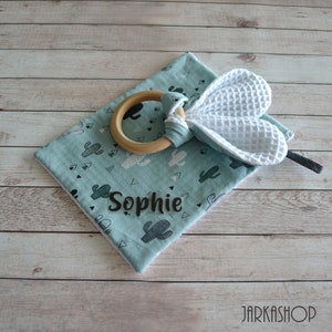 2series baby set wash rags and gripper with name, waffle lpique - cotton &quot;cactus mint-black-white&quot;, washcloth, biting ring, bunny ears
