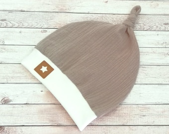 Knotted muslin hat with cuffs,"Beige", hat, baby hat, children's hat, muslin hat, summer hat