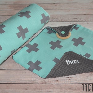 Sniffing cloth with biting ring &quot;Großes Plus Mint-Grau&quot; after wish with name, cuddly cloth, cuddly towel, baby towel, personalized