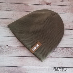 Winter long beanie &quot;waffle knit jersey olive&quot; after wish with name, personalization, baby hat, beanie, children&#39;s hat