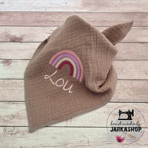 Muslin triangle towel &quot;Rainbow Beige&quot; embroidered with name, Personalized, Neck scarf, Baby scarf, Muslin neck scarf, Child, Baby