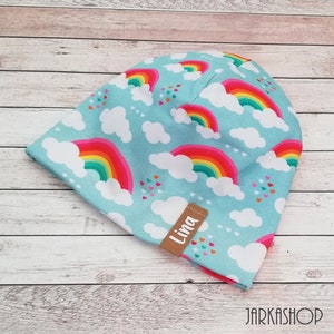 Lange omkeerbare muts &quot;regenboog lichtblauwe kleurrijke&quot; muts met naam, personalisatie, baby hoed, muts, kinderen hoed, winter hoed