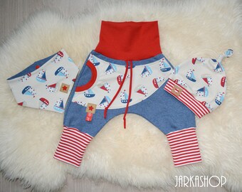 Size 62; 3 tlg. Baby set "Maritim Sailing Shipets" children's set, neckerchief, knot hat, pants, pumphosis, sweathose, wax pants, baggy pants