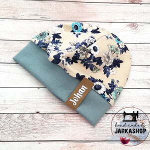 Light baby/children beanie, cotton jersey beanie &quot;Roses old green beige&quot; after wish with name, beanie with cuffs, personalization