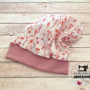 Light beanie short/long/extra long,&quot;Muslin Blümchen&quot; cap with name,personalization,baby cap,cap,baby,child,baby cap, children&#39;s cap