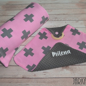 Sniffing cloth with biting ring &quot;Great Plus Pink-Grey&quot; after wish with name, cuddly cloth, cuddly towel, baby towel, personalized