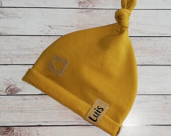 Knotted hat made of cotton jersey or sweat fabric "mustard yellow" as desired with name, personalization, summer hat or transitional hat