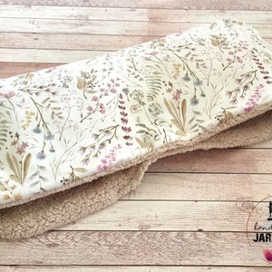 Stroller muff hand warmer "Branches Flowers white-beige" with fleece and teddy plush, Minky fleece, waffle fabric, winter, stroller muff