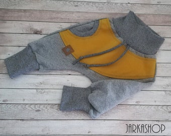 Pantaloni larghi della tuta, taglia 44 - 122, grigio chiaro-giallo senape, pantaloni a sbuffo, pantaloni della tuta, pantaloni, bambini, neonati, pantaloni che crescono, pantaloni harem, ragazze