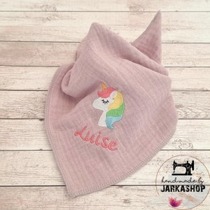 Muslin triangular scarf &quot;Unicorn head&quot; embroidered with name, Personalized, Scarf, Baby scarf, Muslin scarf, Child, Baby