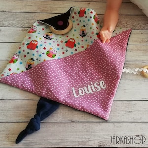 Sniffing cloth with biting ring and knot &quot;Eulchen Rosa-Blau&quot; after wish with name, cuddly towel, cuddly towel, baby towel, personalized