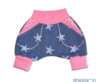 Gr. 50; Babyhose Shorts "Sterne, Punkte blau/rosa" Sweathose, Kinderhose, Pumphose, Haremhose