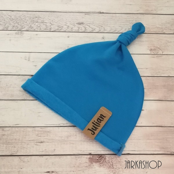Knot hat in sweat fabric, French-Terry, "turquoise" according to wish with name or with star label, heart label or anchor, personalization