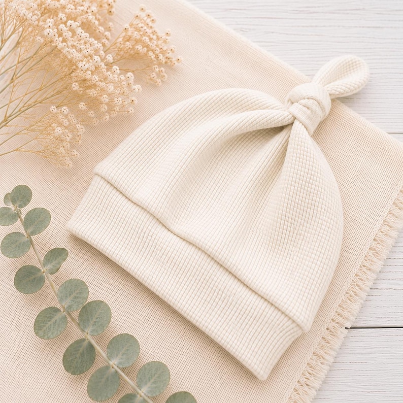 May include: A cream-colored baby hat made of a textured waffle-knit fabric. The hat features a folded brim and a knotted top detail, creating a soft and simple design. The material has a distinct grid-like pattern throughout the entire surface.