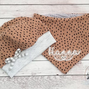 Baby set hat & scarf &quot;dots beige-grey&quot; with name, organic sweat fabric, waffle pique, hat with cuffs, hat, baby hat, baby scarf