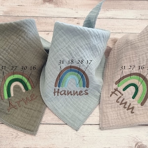 Muslin triangular scarf &quot;rainbow&quot; embroidered with name, Personalized, Scarf, Baby scarf, Muslin scarf, Child, Baby