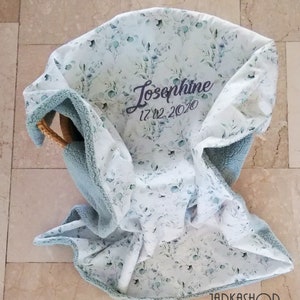 Baby blanket with name &quot;Eucalyptus old green-white&quot;, bedspread, cuddly blanket, stroller blanket, changing mat for on the go