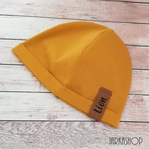 Baby hat made of jersey, sweat or waffle knit &quot;mustard yellow&quot; hat with name, beanie, personalization, baby hat, hat, children&#39;s hat