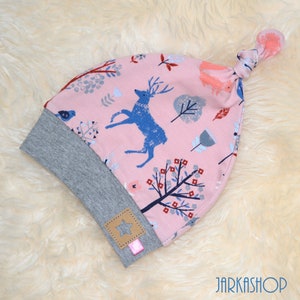 Size 32-34 KU as desired with name Single piece!!! Knotted hat "Forest animals" pink, jersey hat, baby hat, children's hat