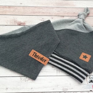 Baby set hat & scarf &quot;light grey, dark grey&quot;, hat with name, scarf with name, knotted hat, hat with cuffs, triangular scarf