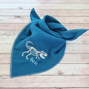 Muslin triangular scarf &quot;dinosaur skeleton&quot; embroidered with name, personalized, scarf, baby scarf, muslin scarf, child, baby