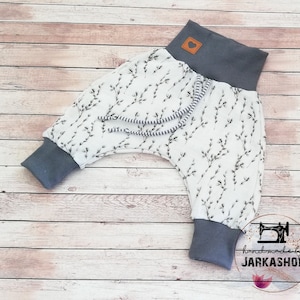 size 62 muslin pants &quot;willow kitten branch white-grey&quot;, pants, baby pants, children&#39;s pants, baby, child, mitwachshosse,harem pants,young,girl