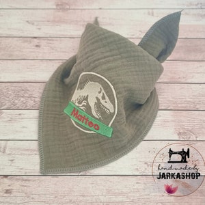 Muslin triangular scarf &quot;Jurassic T-Rex&quot; embroidered with name, Personalized, Scarf, Baby scarf, Muslin cloth, Child, Baby
