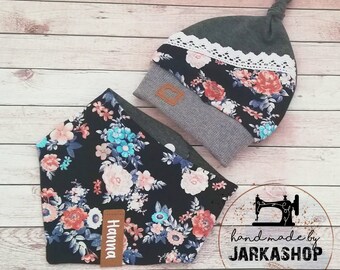 Baby set knot hat & reversible scarf "flowers" dark blue-pink, baby hat, hat, neck era, hat, neck scarf with name