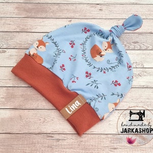 Knotted hat with cuffs, hat with the name &quot;Fuchs blue-orange&quot;, hat, baby hat, children&#39;s hat, hat made of cotton jersey