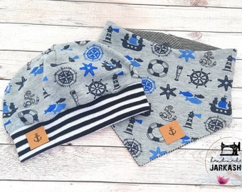 Baby Set Mütze & Halstuch "Maritim grau-blau"mit Namen, Mütze mit Bündchen, Beanie, leichte Mütze, Babymütze, Babyhalstuch