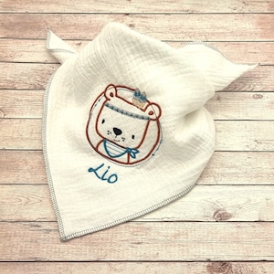 Muslin or crepe triangular scarf &quot;Indian Bear&quot; embroidered with name, personalized, neckerchief, baby neckerchief, muslin neckerchief, child, baby